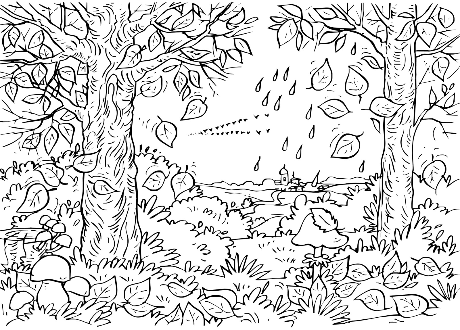 Un coloriage de forêt animée avec un loup et un hibou