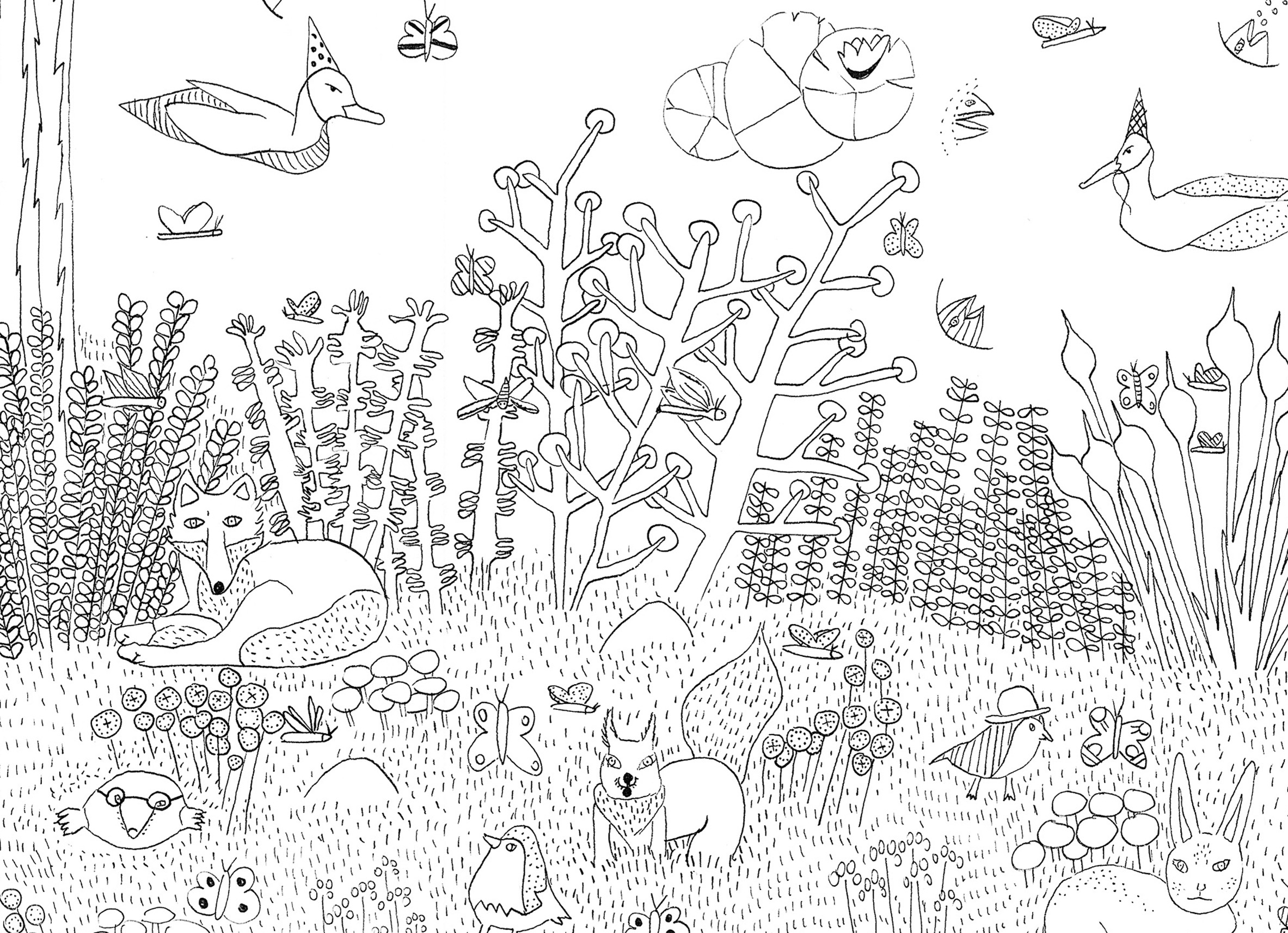 Un coloriage de forêt avec des arbres et un chemin sinueux