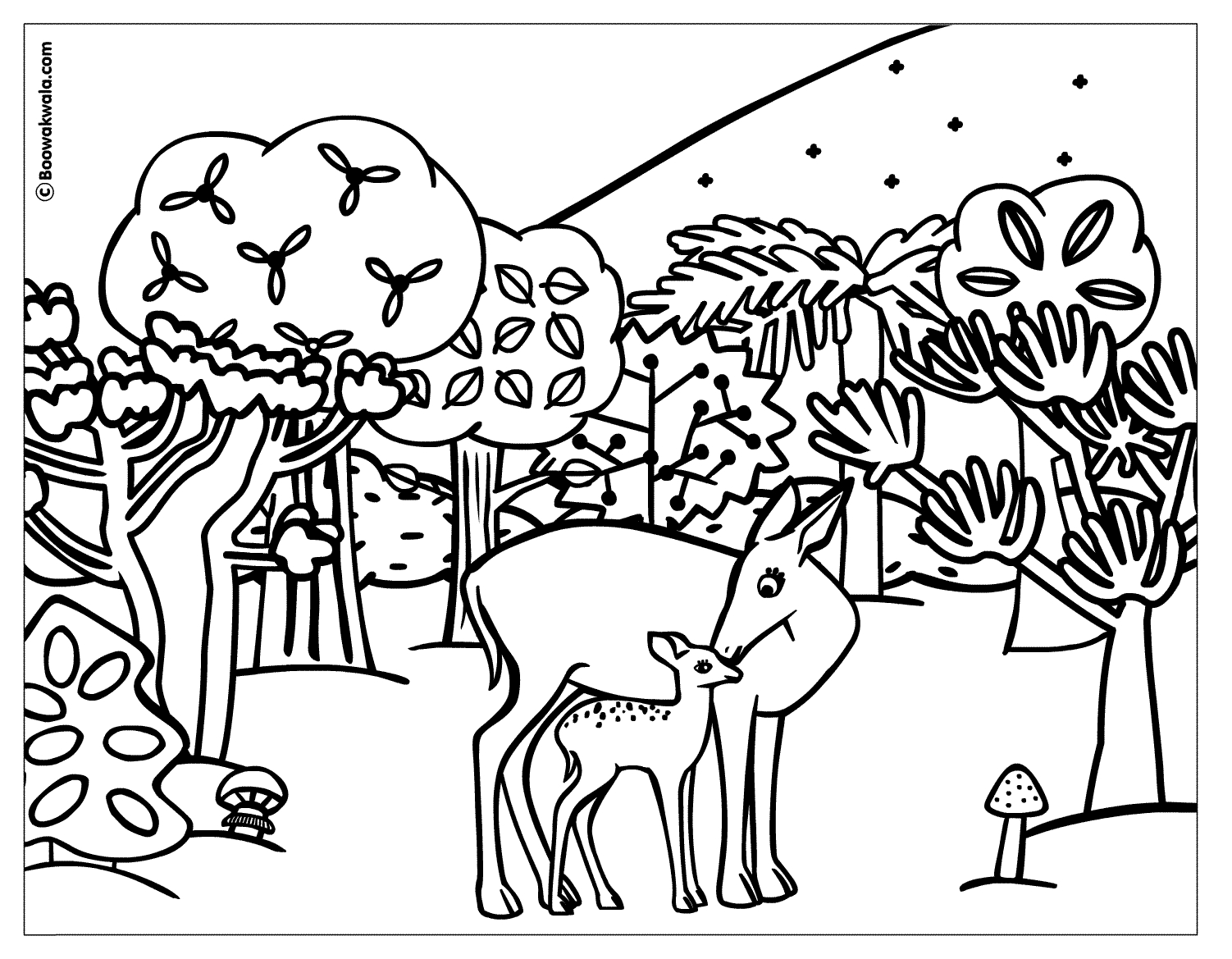 Scène de forêt avec animaux et arbres majestueux