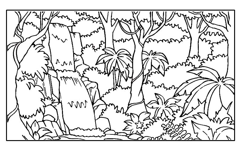 Un coloriage de forêt avec un chemin sinueux et des arbres majestueux
