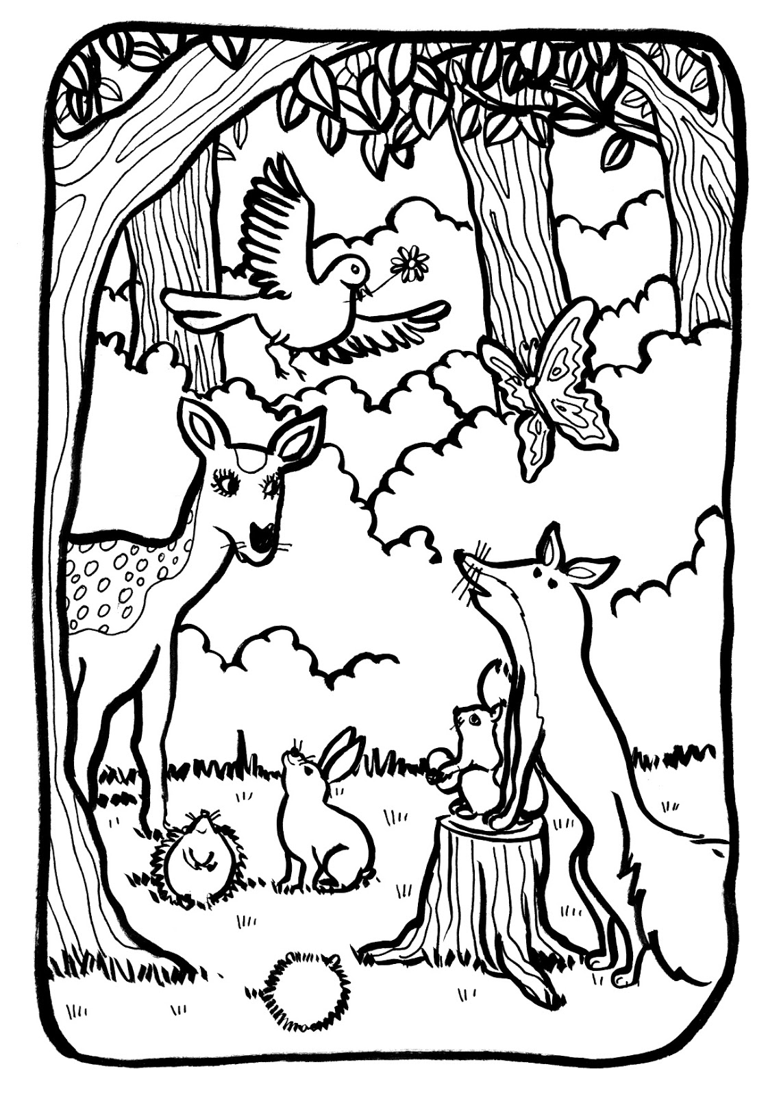 Une scène de forêt avec des arbres et des animaux