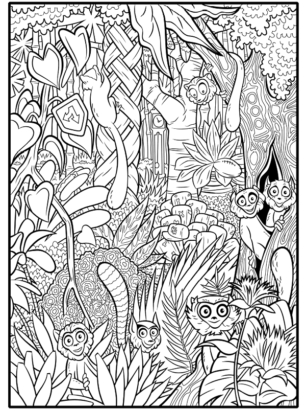 Un coloriage de forêt avec des arbres, des animaux et un chemin sinueux