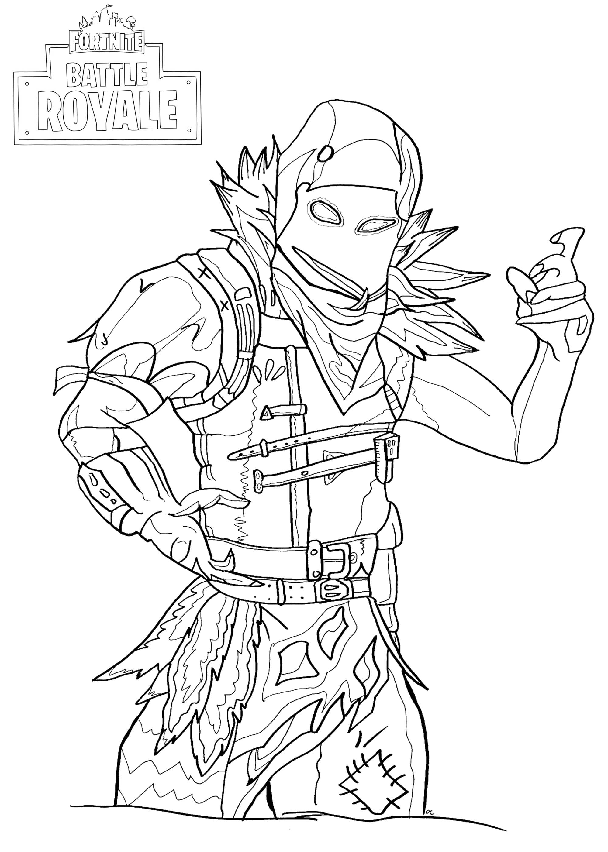 Coloriage d'un personnage de Fortnite en pleine action sur un fond de bataille