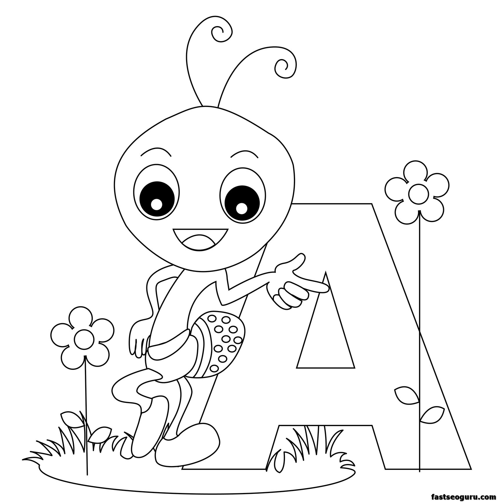 Coloriage d'une fourmi sur une feuille avec des détails floraux