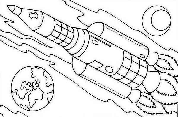 Coloriage d'une fusée prête à décoller dans l'espace