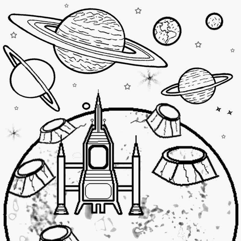 Coloriage d'une fusée prête à décoller dans l'espace