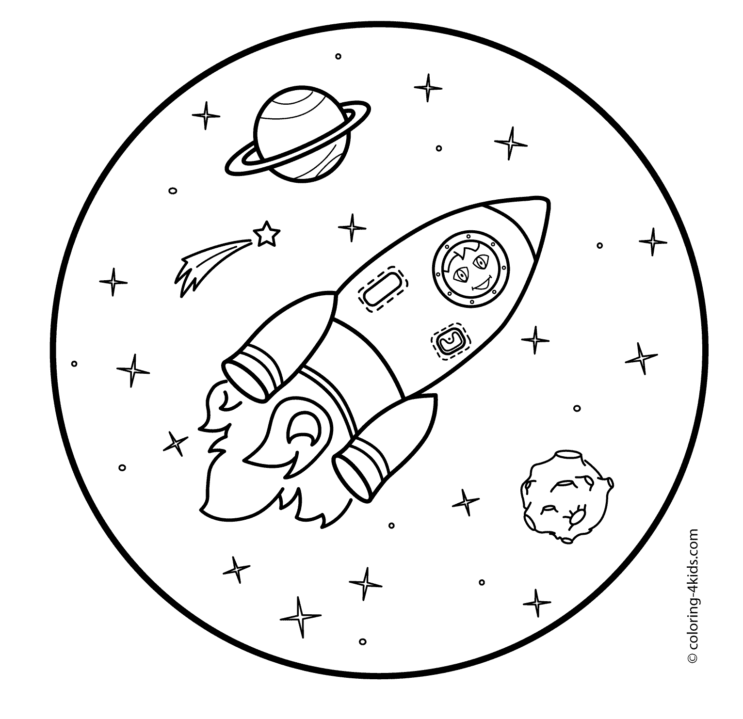 Coloriage d'une fusée prête à décoller dans l'espace