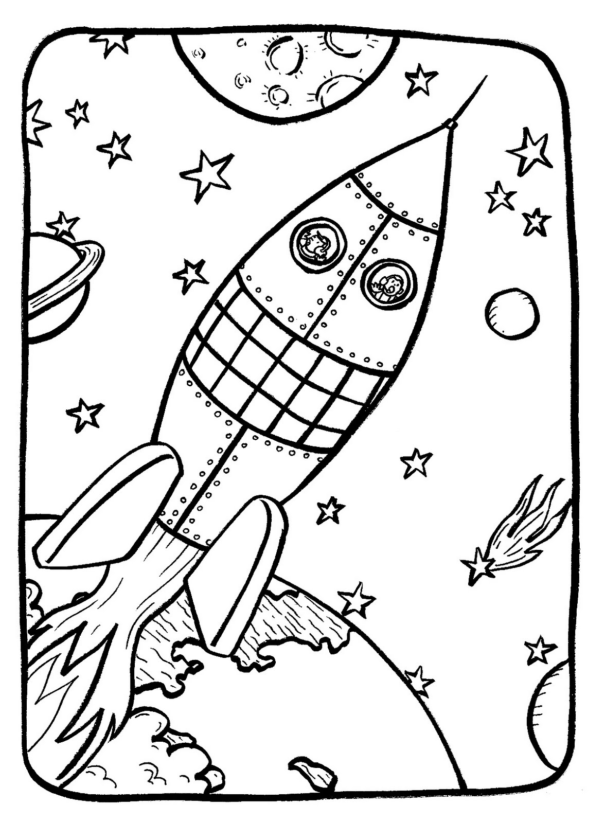 Coloriage d'une fusée prête à décoller dans un ciel étoilé