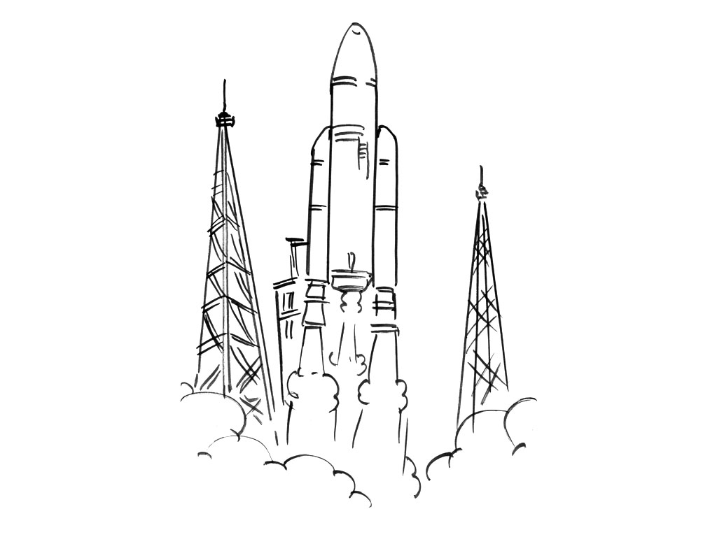 Coloriage d'une fusée prête à décoller dans l'espace