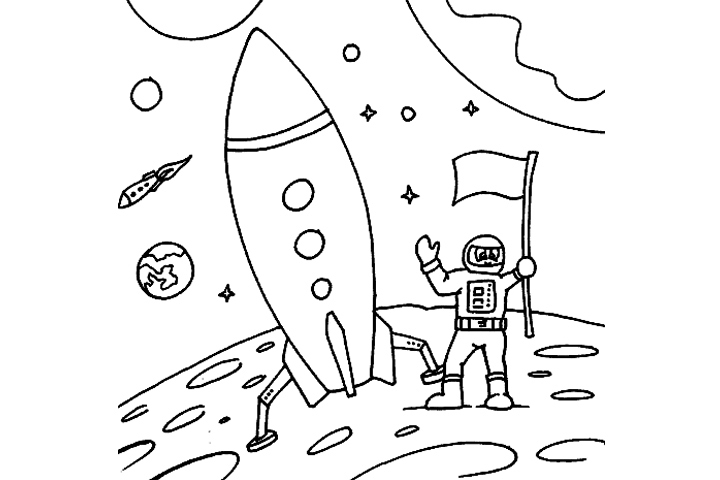 Coloriage d'une fusée sur fond d'espace étoilé
