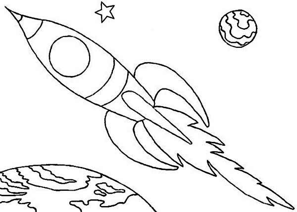 Coloriage d'une fusée prête à décoller dans l'espace