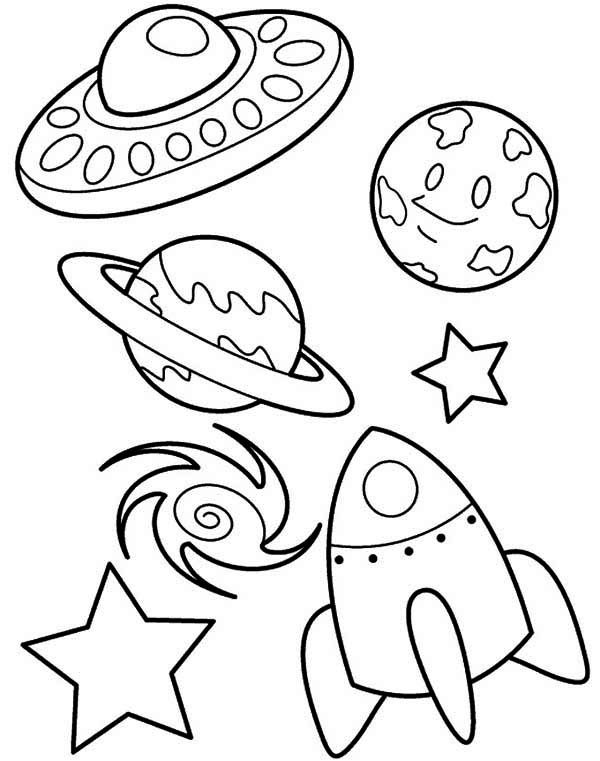 Coloriage d'une fusée prête à décoller dans l'espace