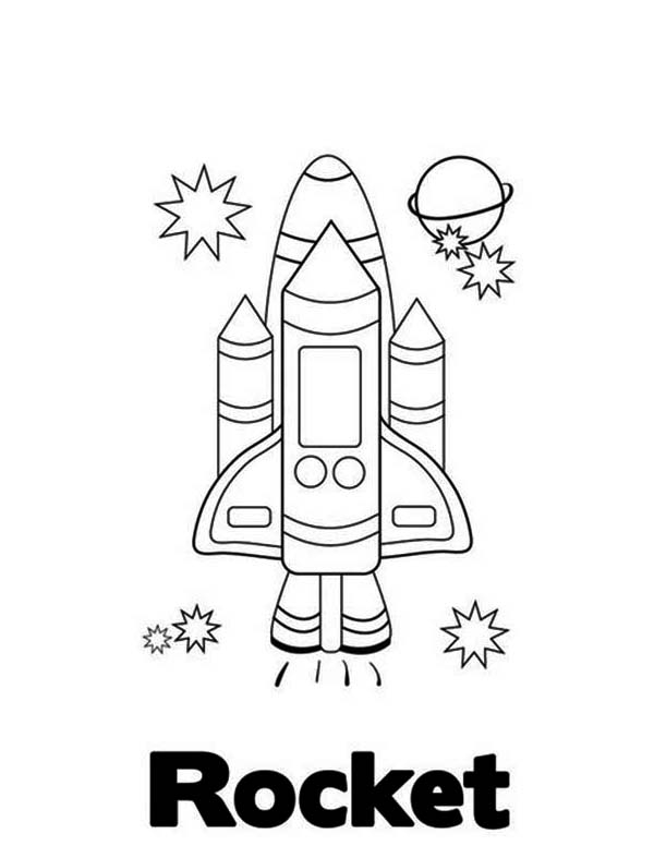 Coloriage d'une fusée prête à décoller dans l'espace