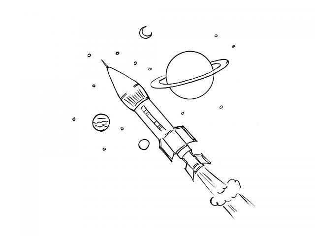 Coloriage d'une fusée prête à décoller dans l'espace