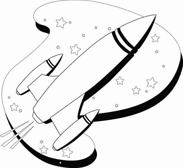 Coloriage d'une fusée prête à décoller dans l'espace