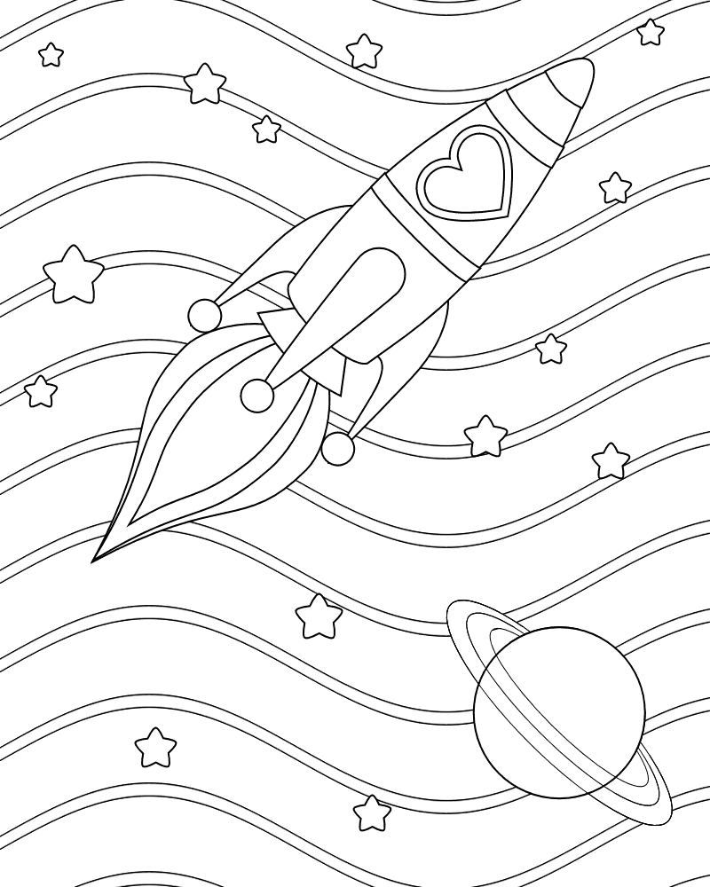 Coloriage d'une fusée prête à décoller dans l'espace