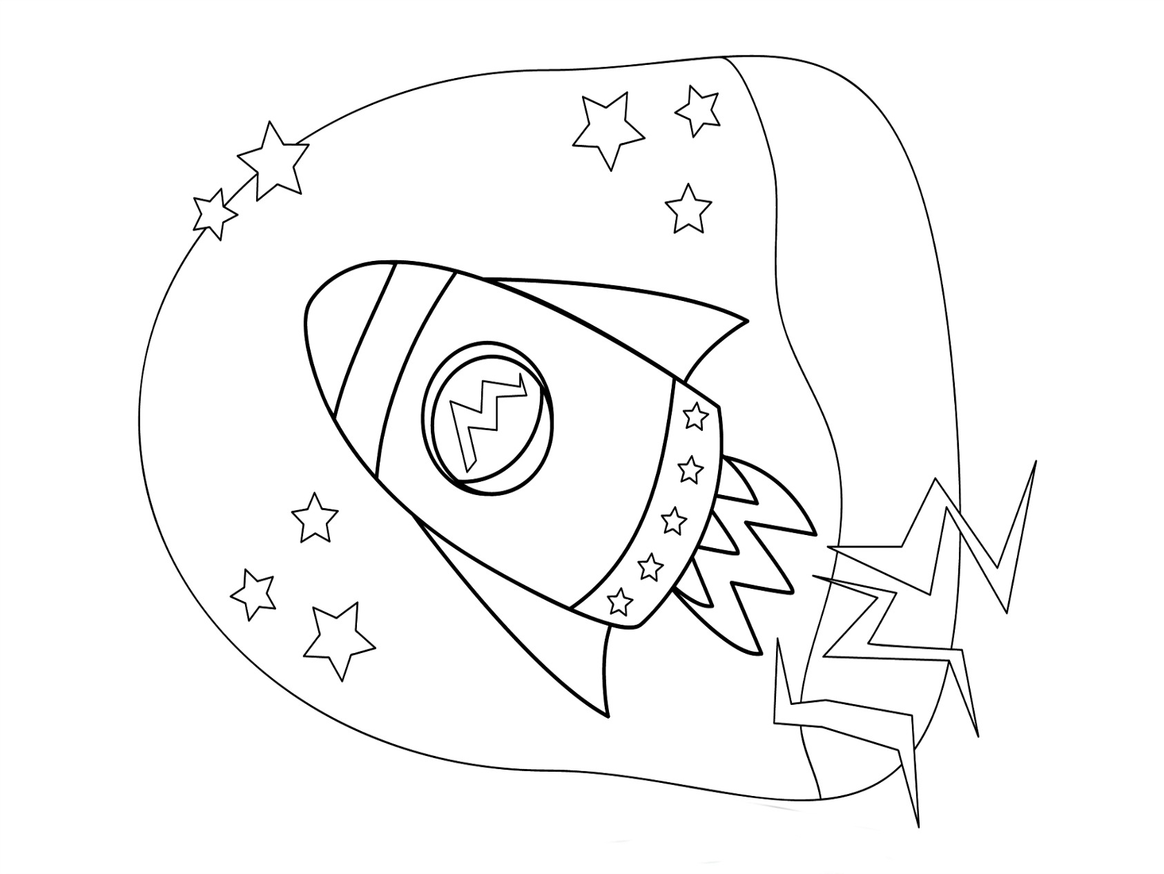 Coloriage d'une fusée prête à décoller dans un ciel étoilé