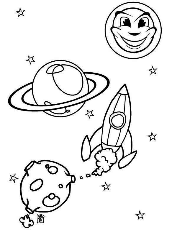 Coloriage d'une fusée dans l'espace avec des étoiles