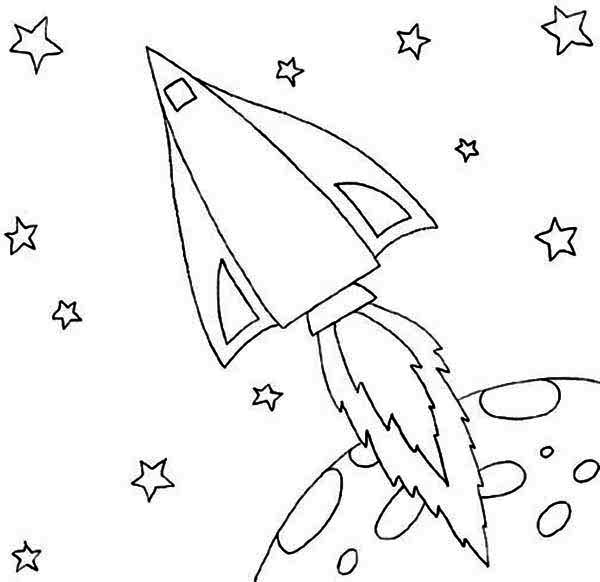 Coloriage d'une fusée prête à décoller dans un ciel étoilé
