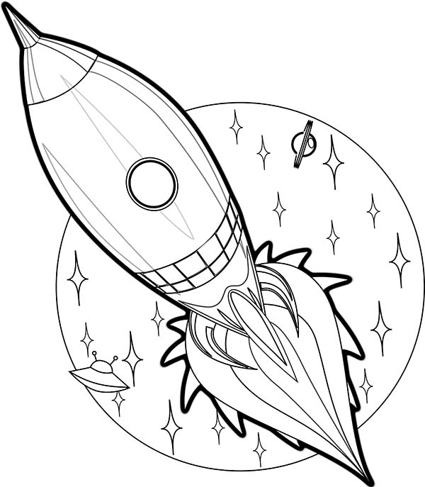 Coloriage d'une fusée prête à décoller dans l'espace