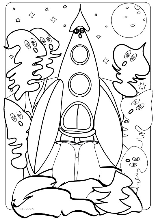 Coloriage d'une fusée dans l'espace avec des étoiles