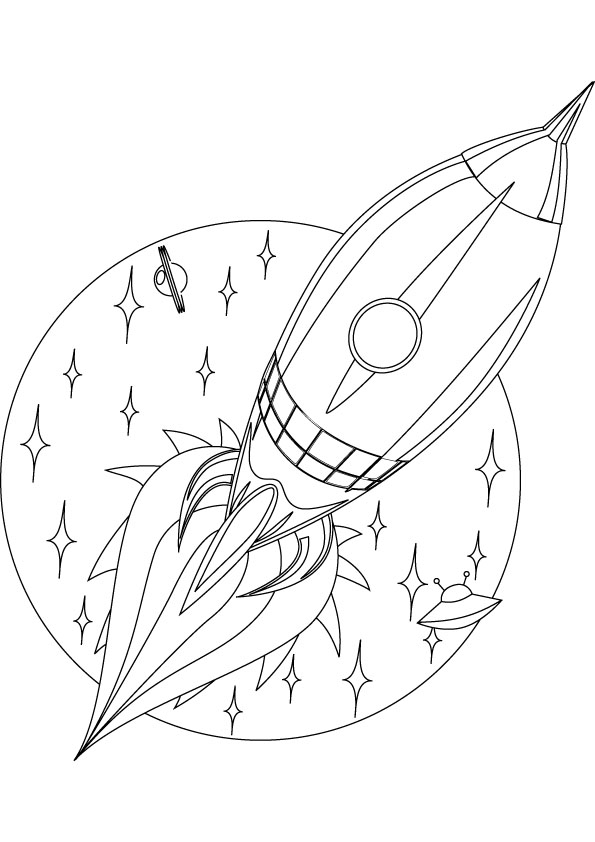Coloriage d'une fusée s'apprêtant à décoller parmi les étoiles