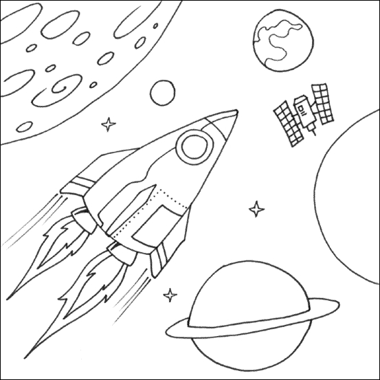 Un coloriage de fusée prête à décoller dans l'espace