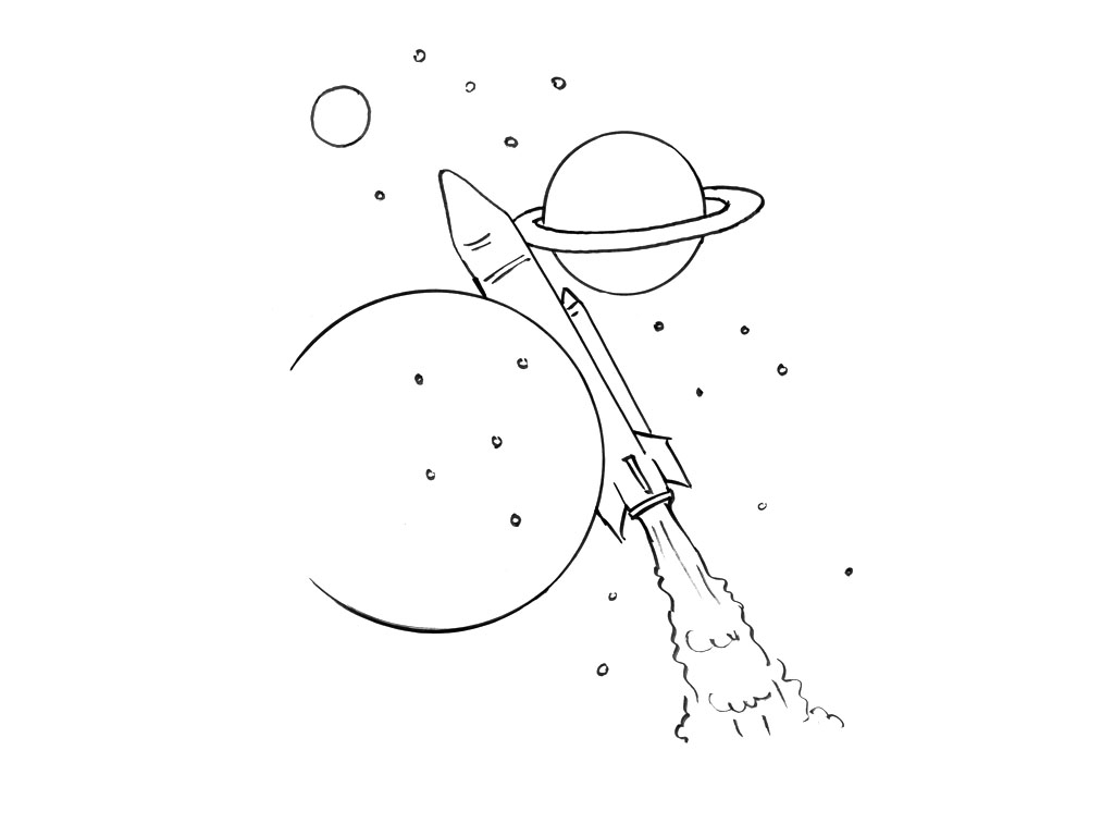 Coloriage d'une fusée en plein vol dans l'espace étoilé