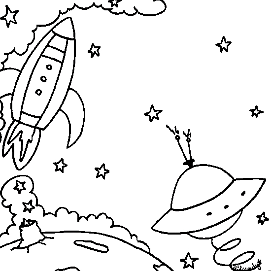 Coloriage d'une fusée prête à décoller dans l'espace