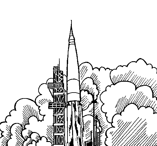 Coloriage d'une fusée prête à décoller dans un décor spatial