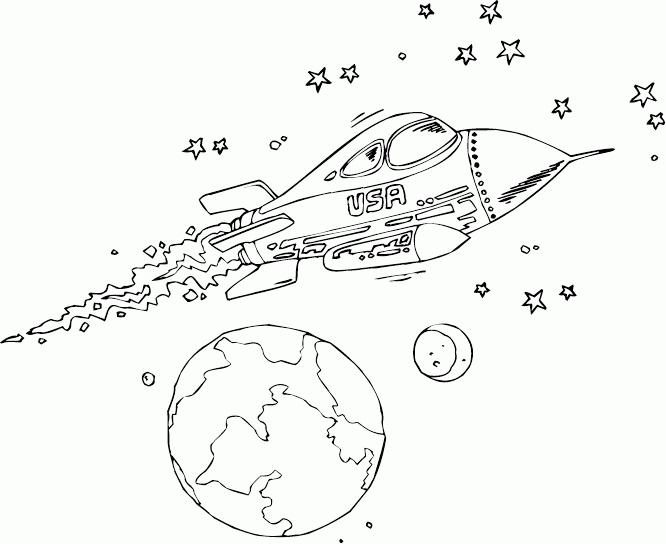 Coloriage d'une fusée prête à décoller dans l'espace