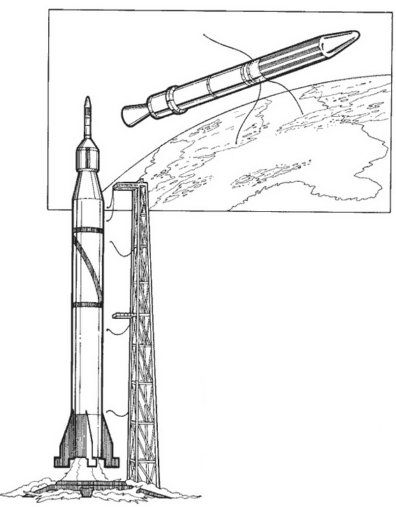 Coloriage d'une fusée prête à décoller dans l'espace