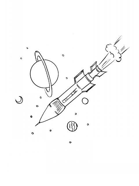 Coloriage d'une fusée prête à décoller dans l'espace