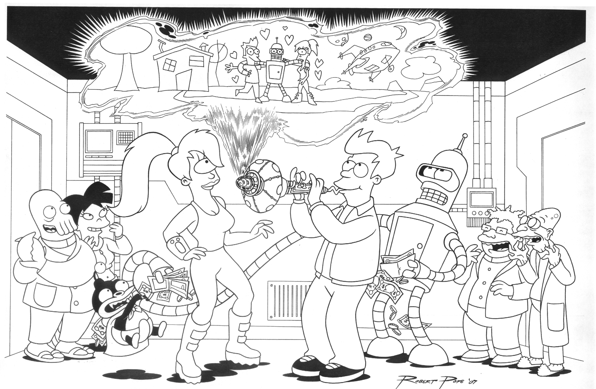 Futurama : Bender et Fry en mission dans un décor futuriste