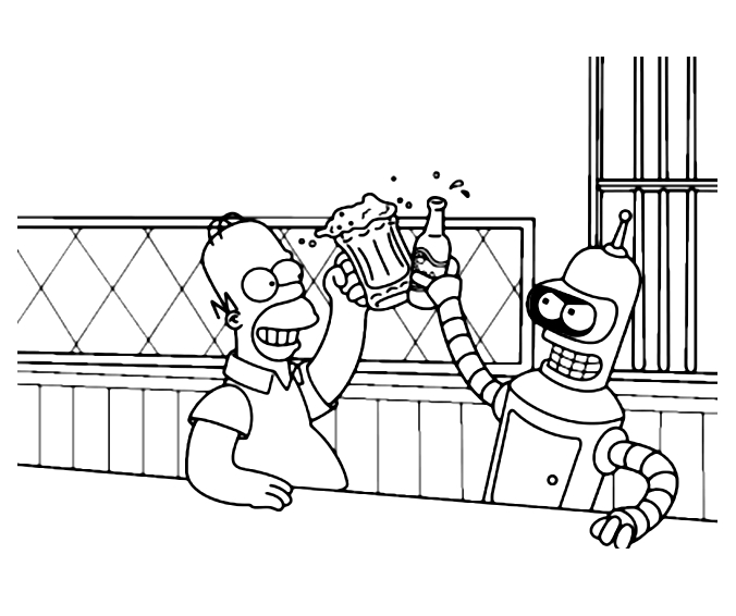 Futurama : Bender et Fry devant un vaisseau spatial futuriste