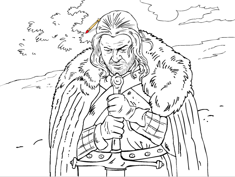 Coloriage de Jon Snow en plein combat avec un dragon dans un paysage montagneux Coloriage de Jon Snow en plein combat avec un dragon dans un paysage montagneux