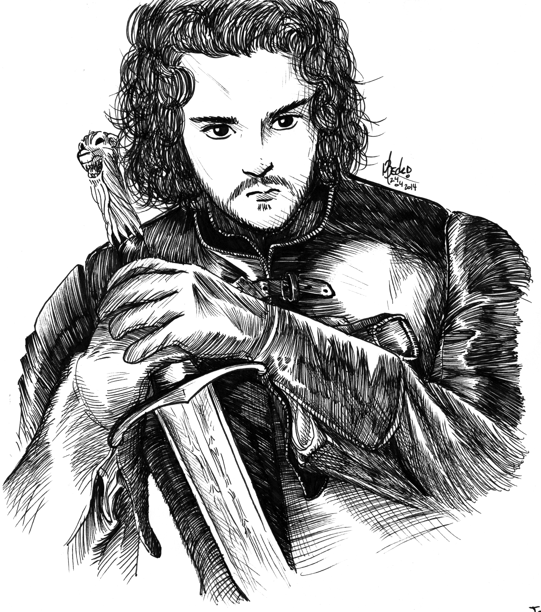 Coloriage de Jon Snow brandissant son épée dans un paysage de Westeros Coloriage de Jon Snow brandissant son épée dans un paysage de Westeros