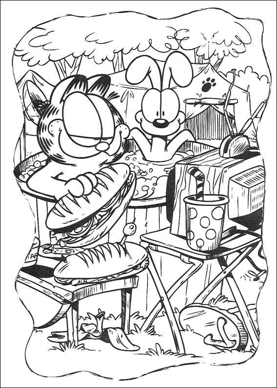 Garfield en train de déguster un plat de lasagnes sous un ciel étoilé