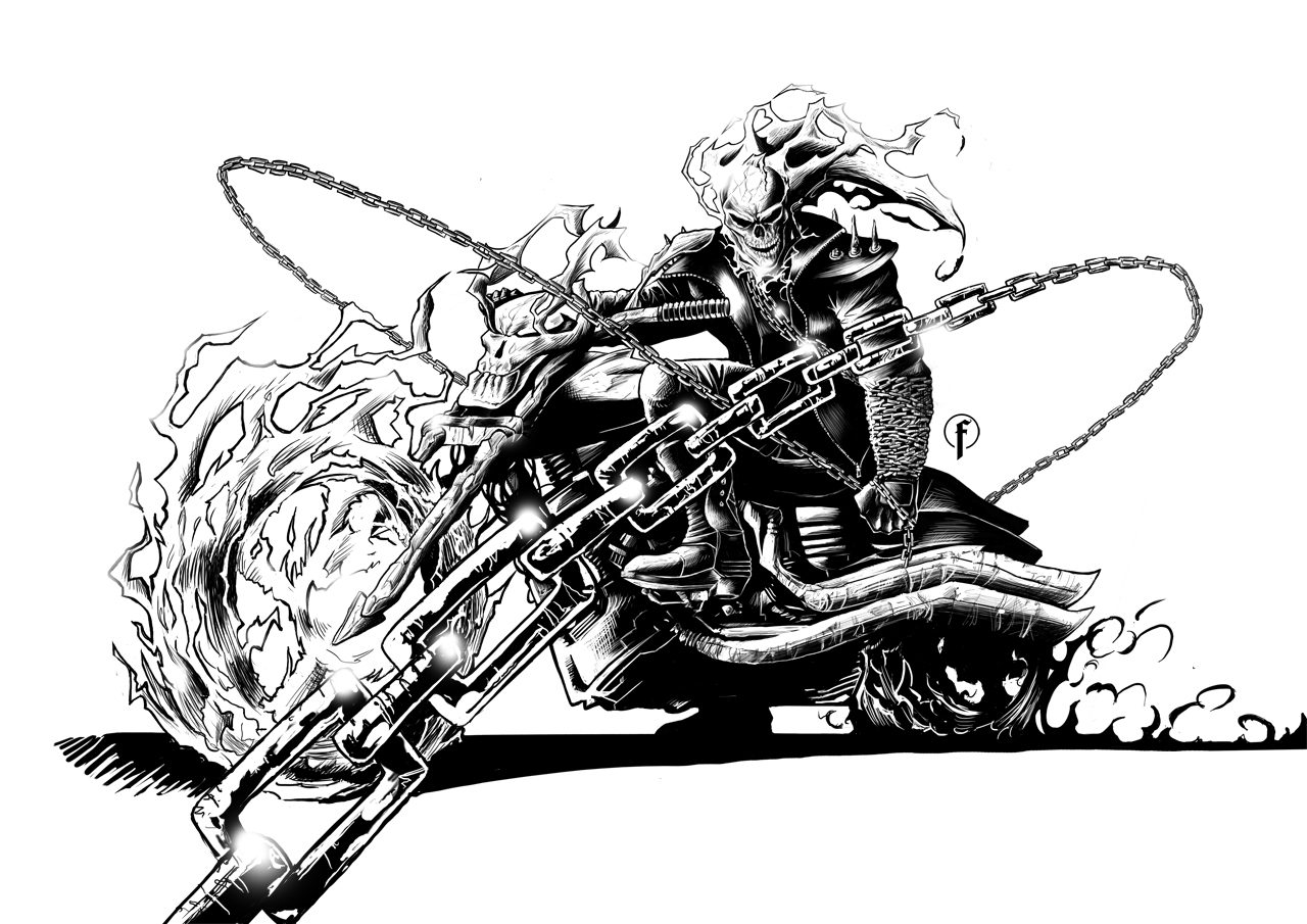 Ghost Rider en pleine action sur sa moto flamboyante