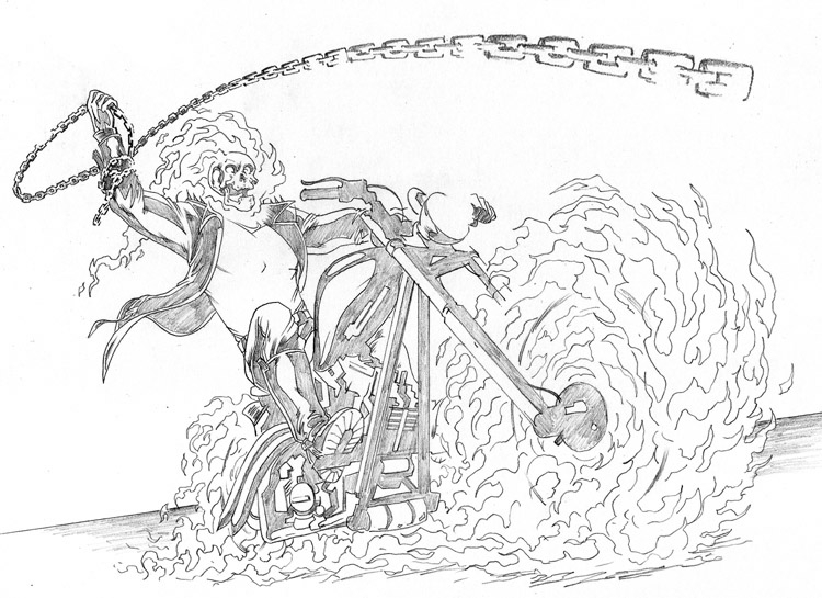 Ghost Rider en pleine action sur sa moto flamboyante