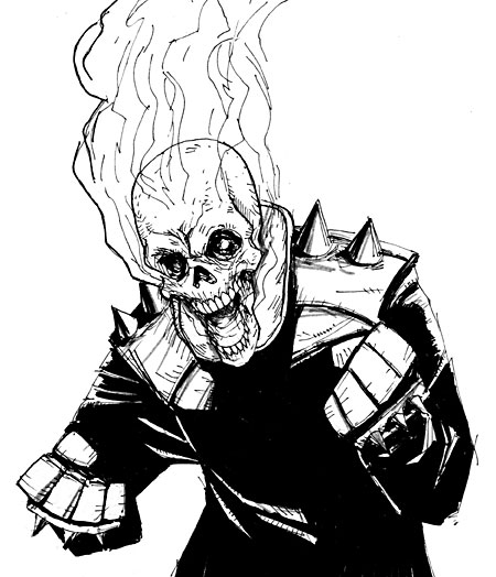 Ghost Rider sur sa moto dans un décor urbain dramatique