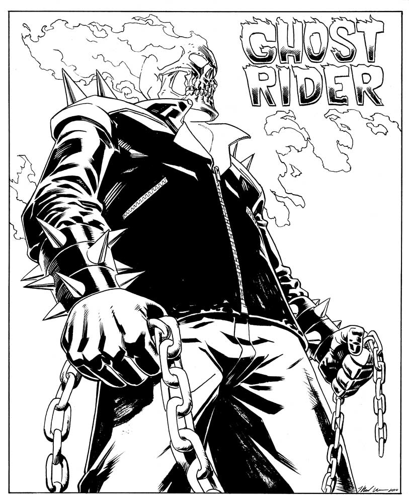 Ghost Rider en pleine action sur sa moto dans un décor apocalyptique