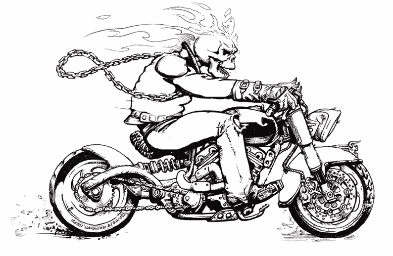Ghost Rider sur sa moto, en pleine action dans un décor urbain