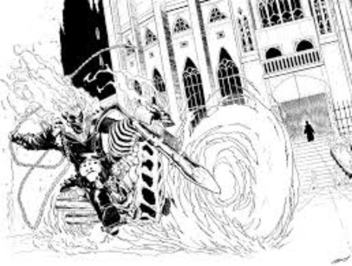 Coloriage de Ghost Rider en pleine action sur sa moto flamboyante