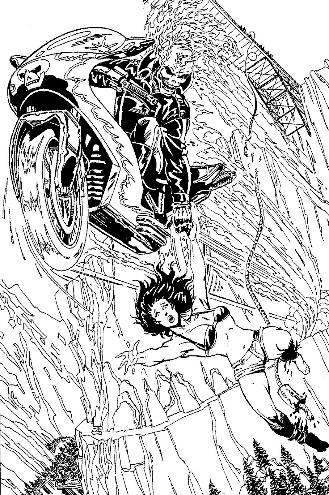 Ghost Rider en action sur sa moto au milieu des flammes