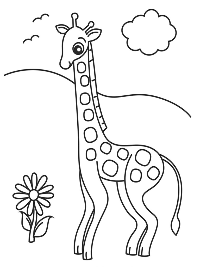 Coloriage d'une girafe se tenant sous un arbre