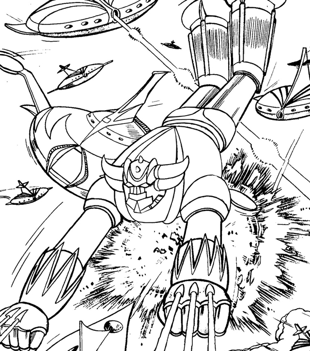 Goldorak en pleine action face à ses ennemis sur fond spatial