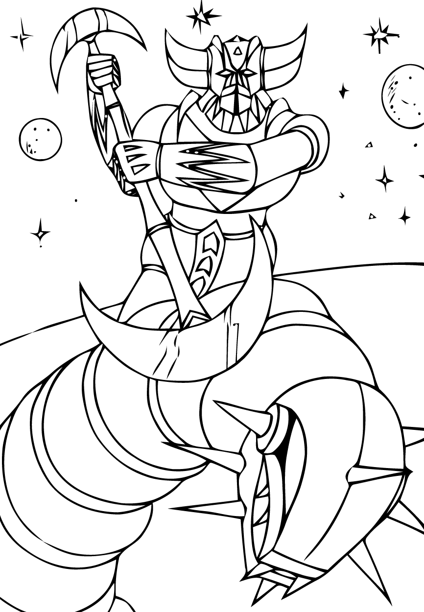 Goldorak en pleine action contre un monstre menaçant dans un décor futuriste