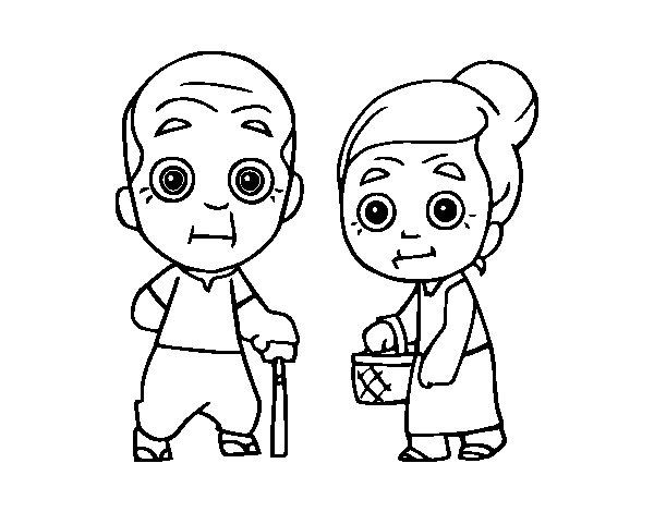Coloriage de grands-parents jouant avec leurs petits-enfants dans un jardin