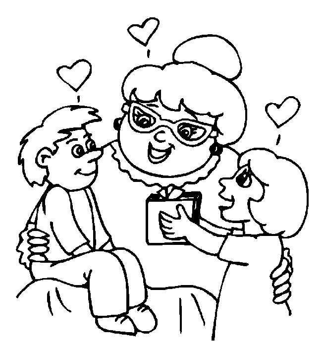 Coloriage représentant un couple de grands-parents jouant avec leurs petits-enfants dans un jardin